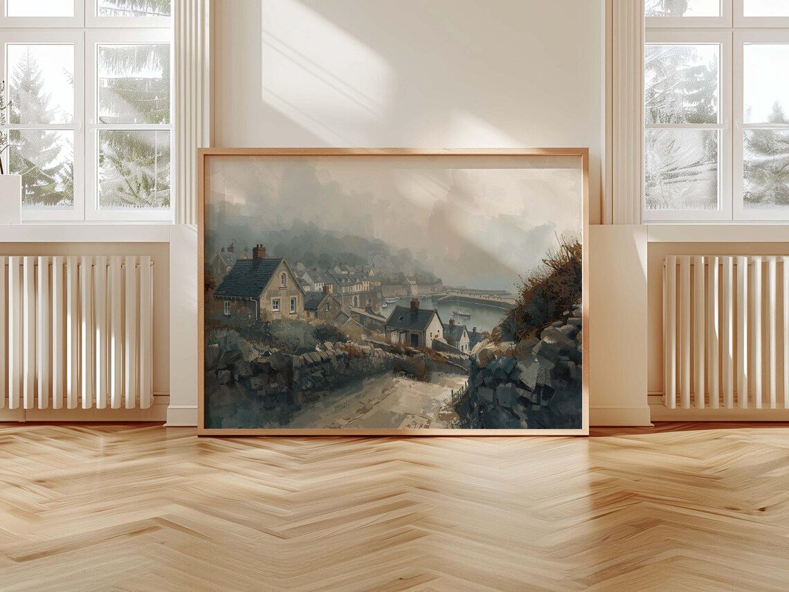 Seaside Fishing Village Misty Coastal Harbor Vintage Painting Poster