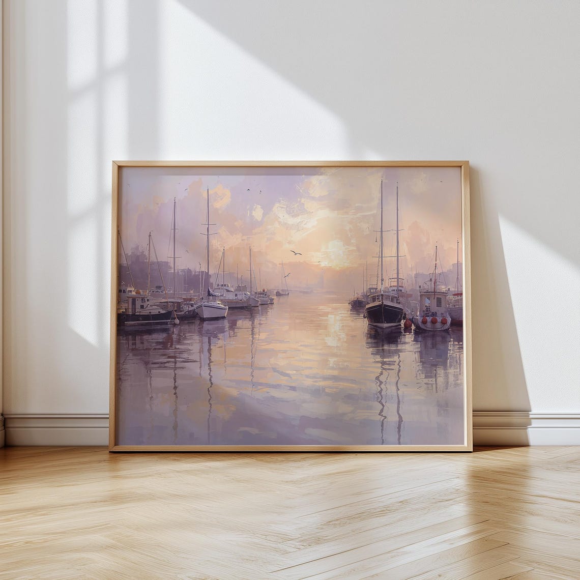 Vintage Harbor Sunset Wall Art Sailboats Golden Water Reflection Scene