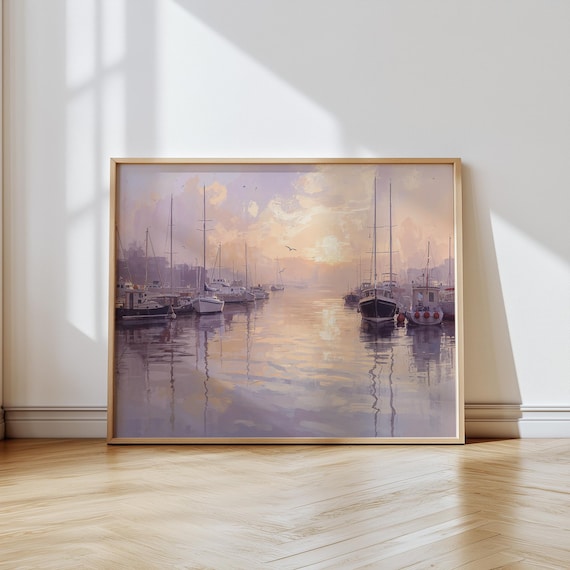Vintage Harbor Sunset Wall Art Sailboats Golden Water Reflection Scene