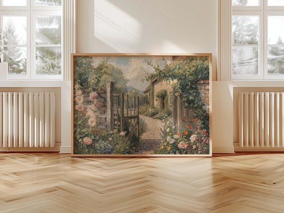 Cottage Garden Gate With Hollyhocks Vintage Watercolor Flower Poster