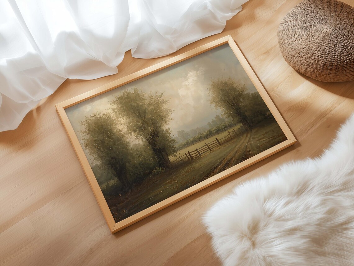 Serene Muted Country Lane Wooden Fence Vintage Landscape Print