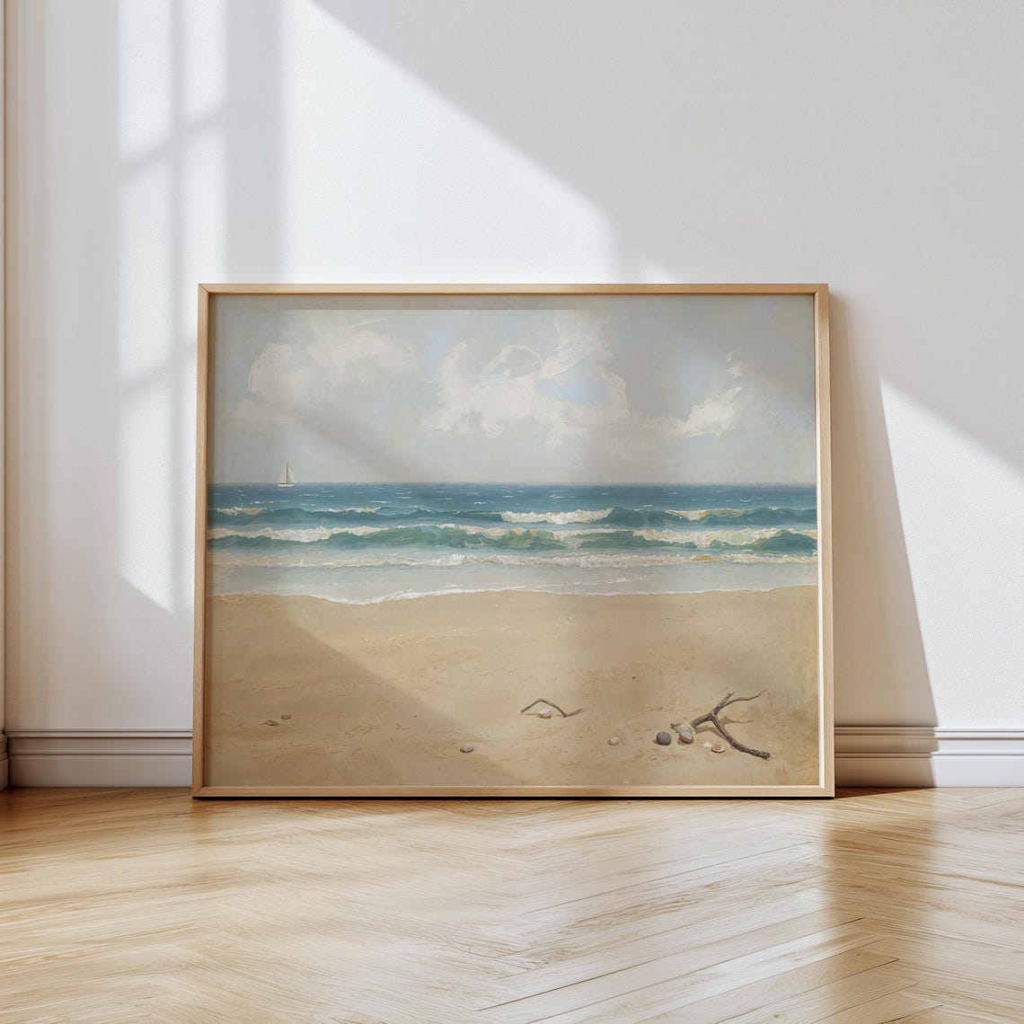 Vintage Beach with Rolling Waves and Lone Sailboat Painting Poster