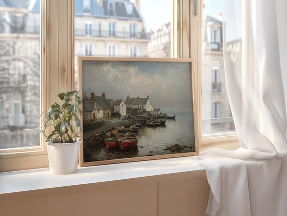 Old Harbor Village Stone Cottages and Red Fishing Boats Art Poster
