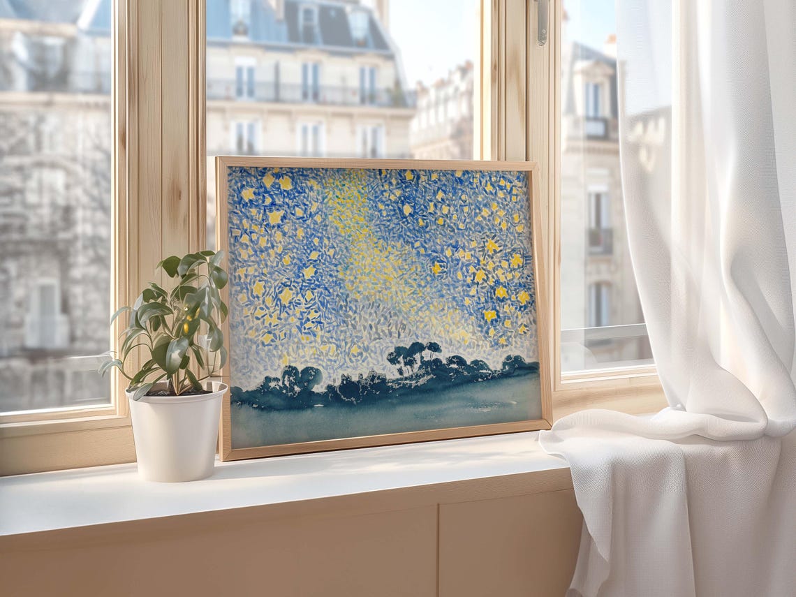 Starry Night Pointillist Sky Over Trees Blue Landscape Wall Art