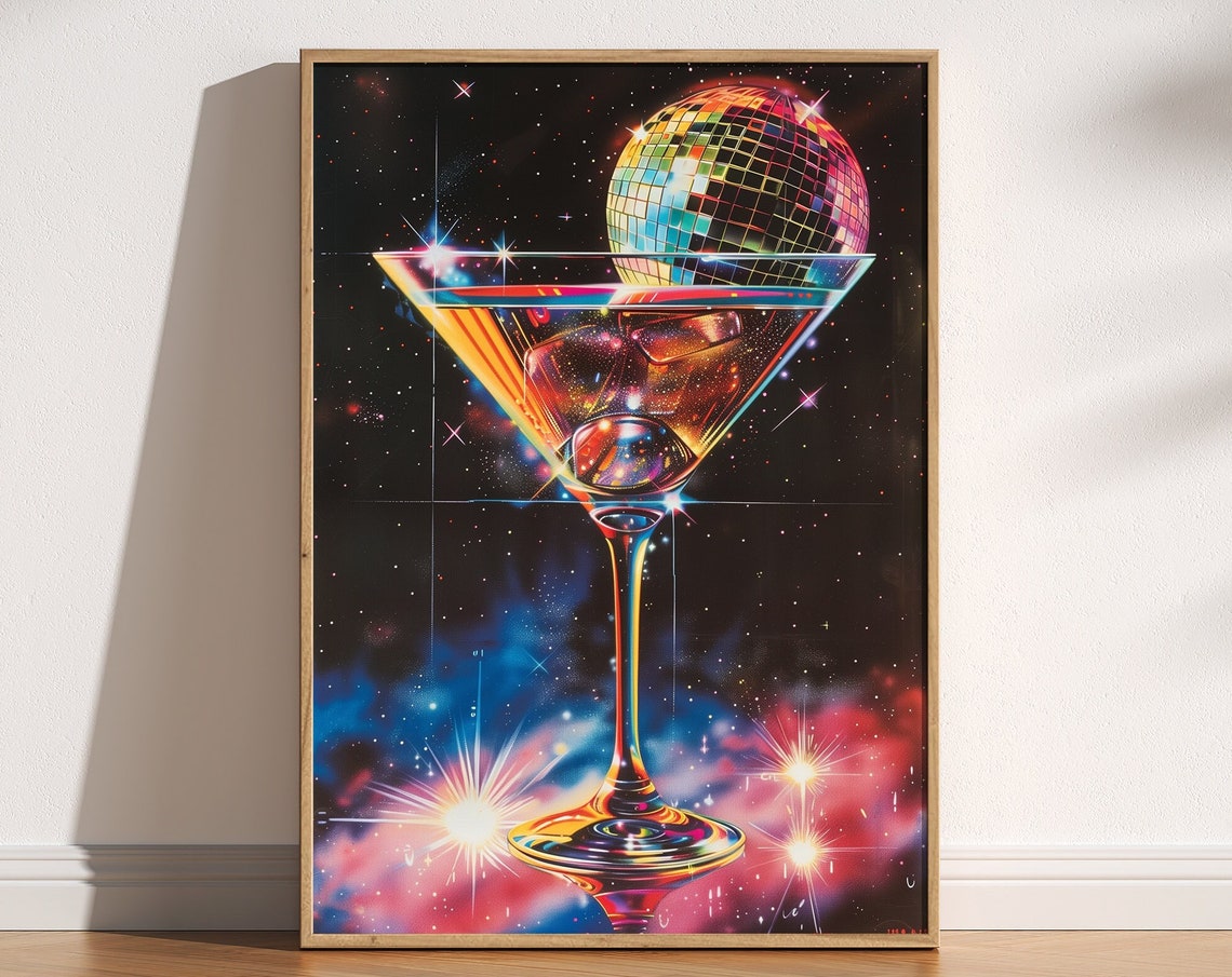 Disco Ball Martini Glass Cosmic Space 80s Glam Party Wall Poster