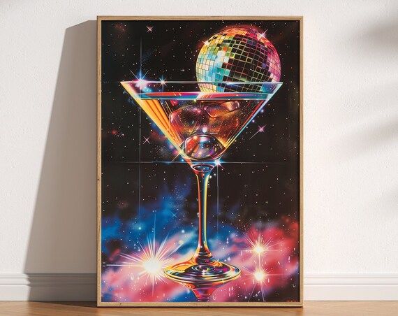 Disco Ball Martini Glass Cosmic Space 80s Glam Party Wall Poster