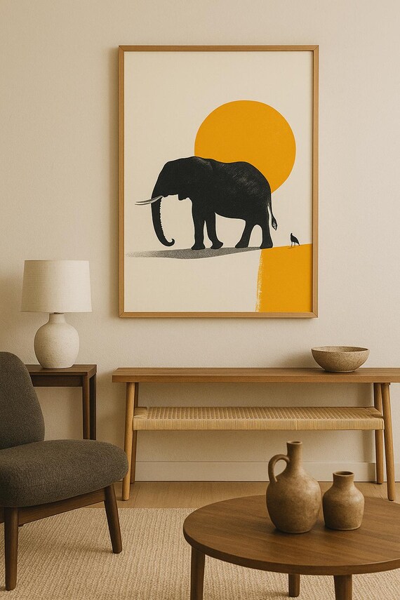 Minimalist Elephant Wall Art African Wildlife Poster With Sunset Modern Safari Animal Print For Living Room Decor