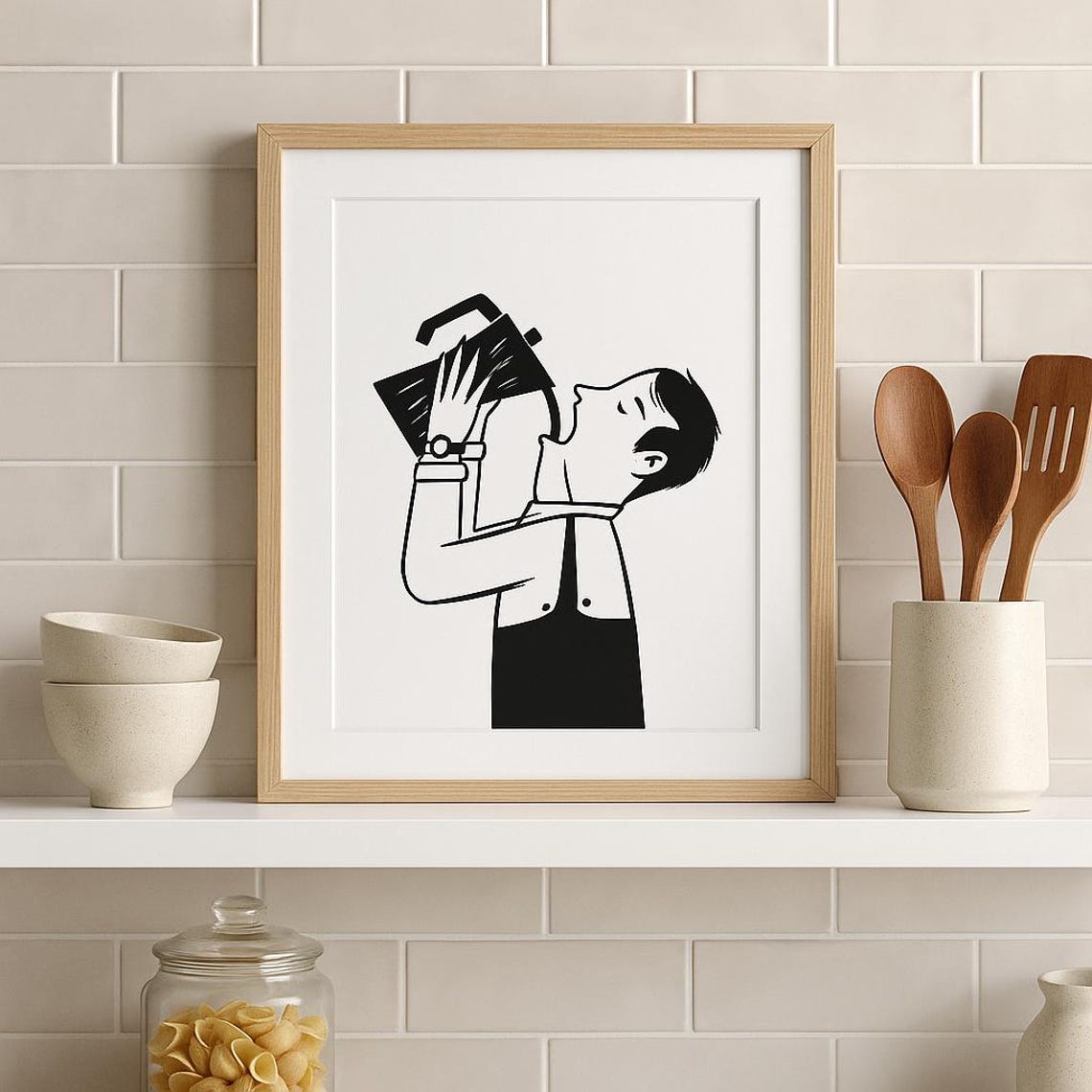 Man Drinking From Kettle Retro Black White Kitchen Humor Poster