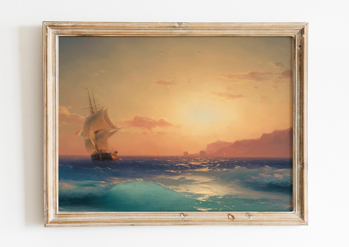Tall Sailing Ship at Sunset Ocean Waves Romantic Seascape Oil Painting Poster