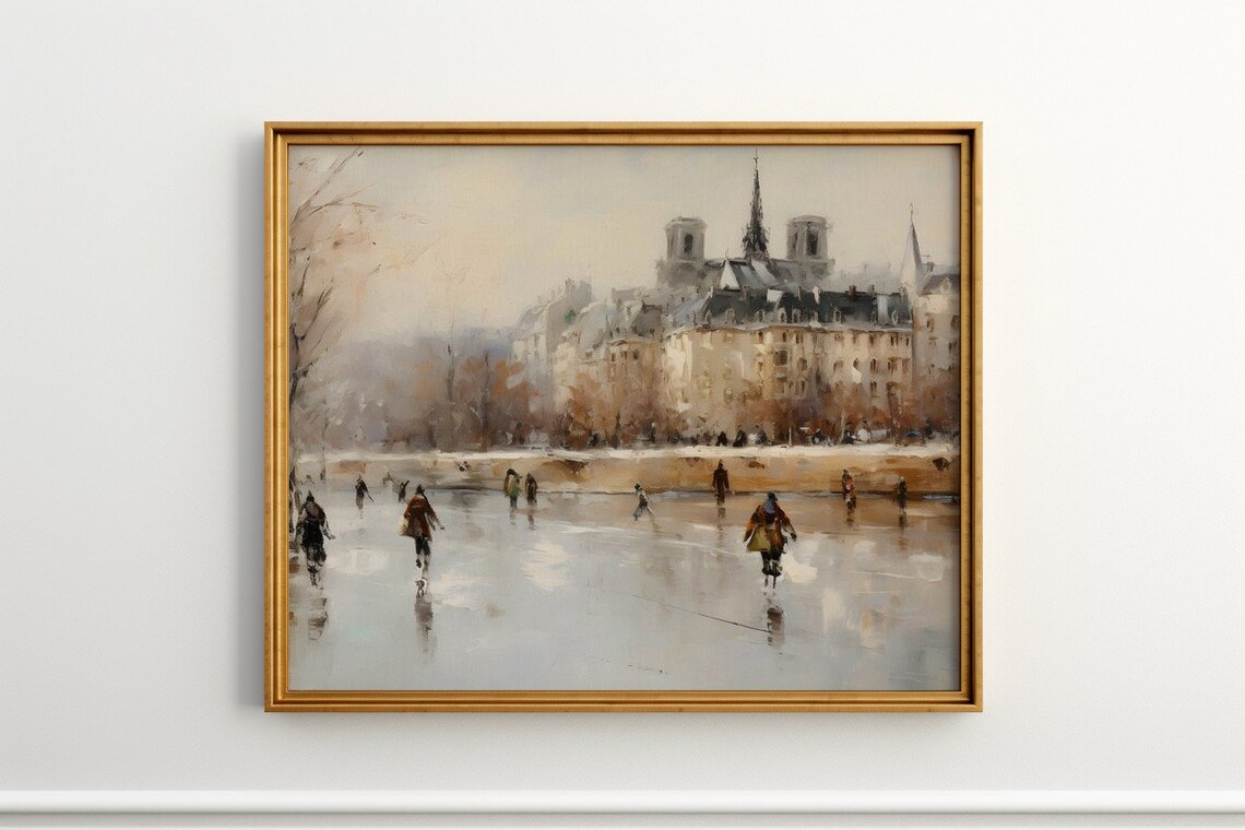 Winter Waltz on the Seine, Paris Antique Print