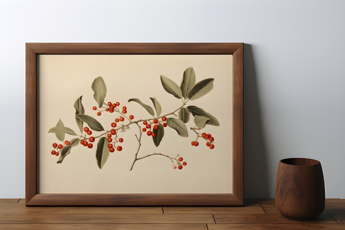 Botanical Holly Branch With Crimson Berrie Art Print - Image 3