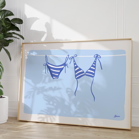 Blue Striped Bikini Beach Coastal Decor Summer Illustration Poster