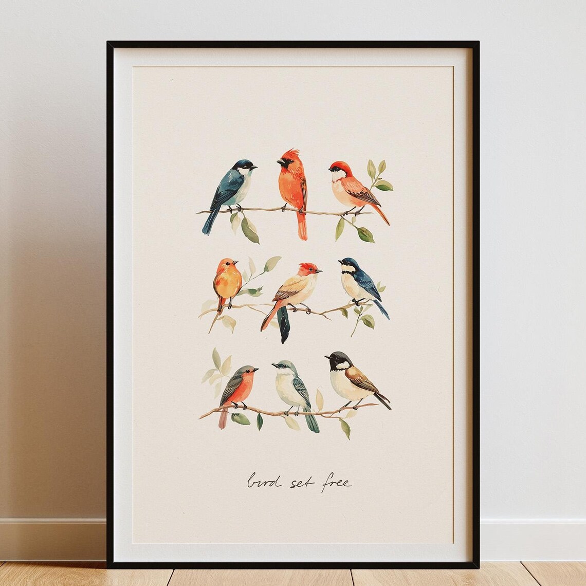 Nine Colorful Songbirds Bird Set Free Watercolor Nature Art Poster
