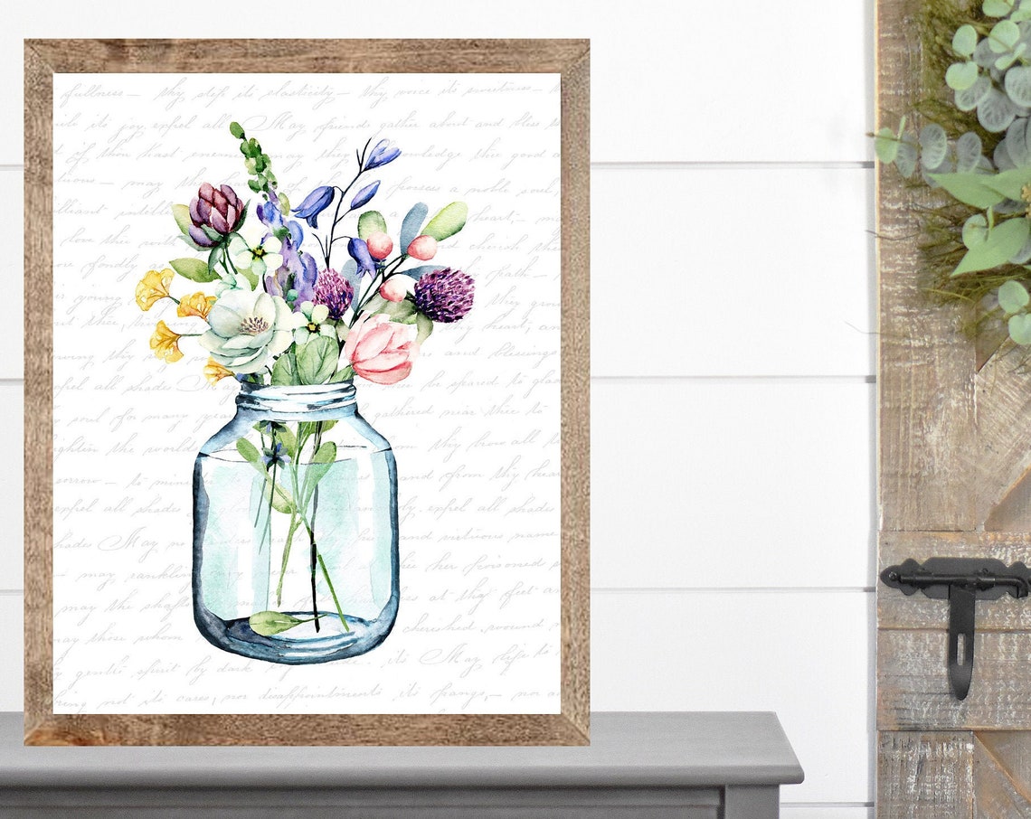 Mason Jar Wildflower Bouquet Watercolor Botanical Wall Poster