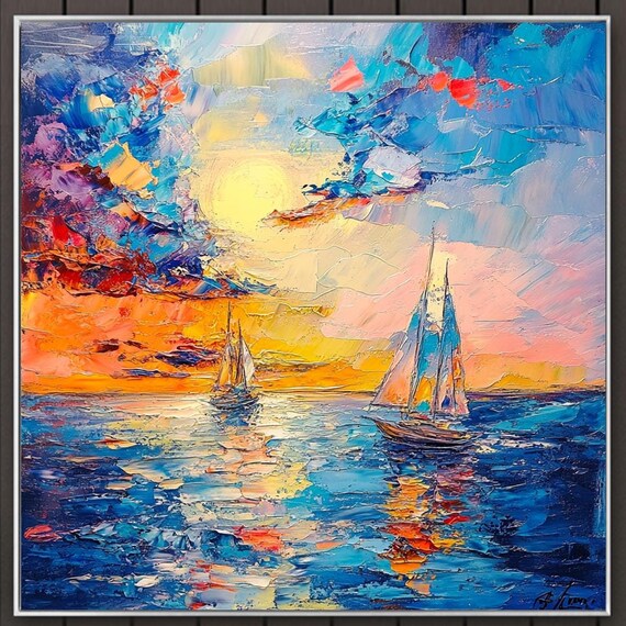 Impasto Sailboat Painting Ocean Sunset Seascape Original Oil Painting On Colorful Nautical Artwork Large Wall Art Living Room Decor