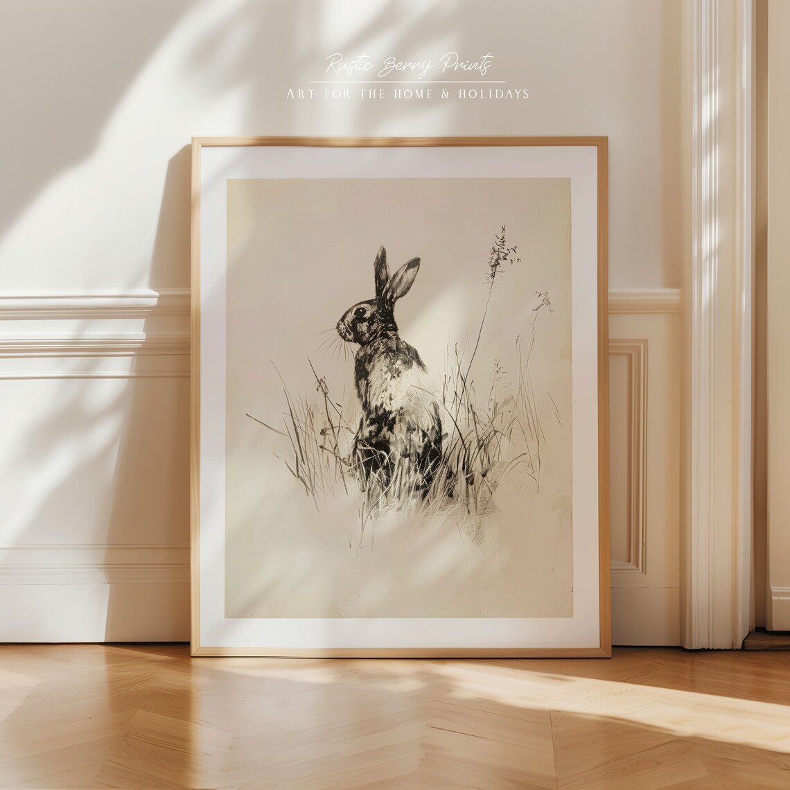 Dark Rabbit In Tall Grasses Antique Ink Sketch Vintage Bunny Drawing Print - Image 2