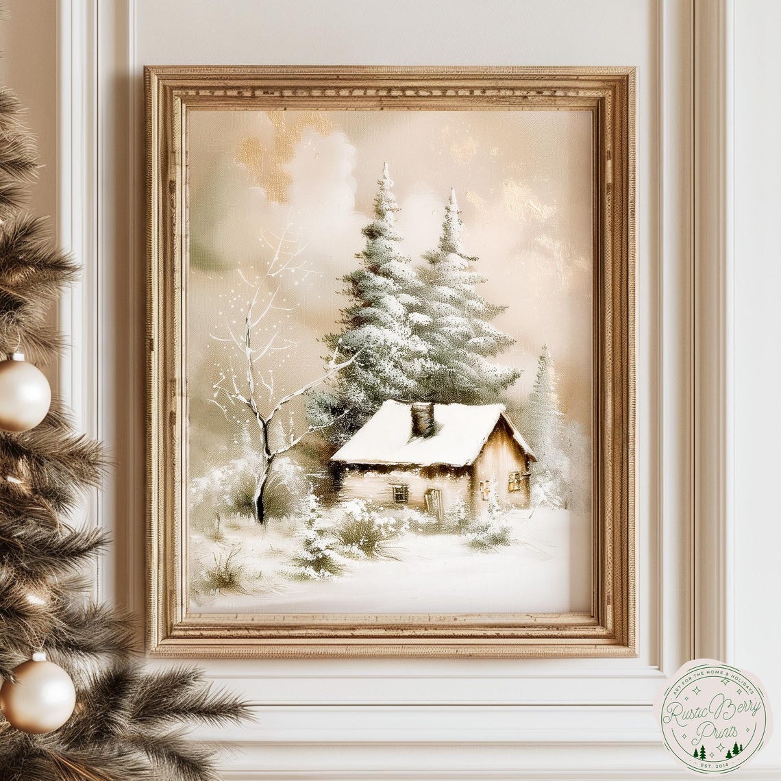 Snow Covered Log Cabin Smoking Chimney Tall Pines Winter Art Print
