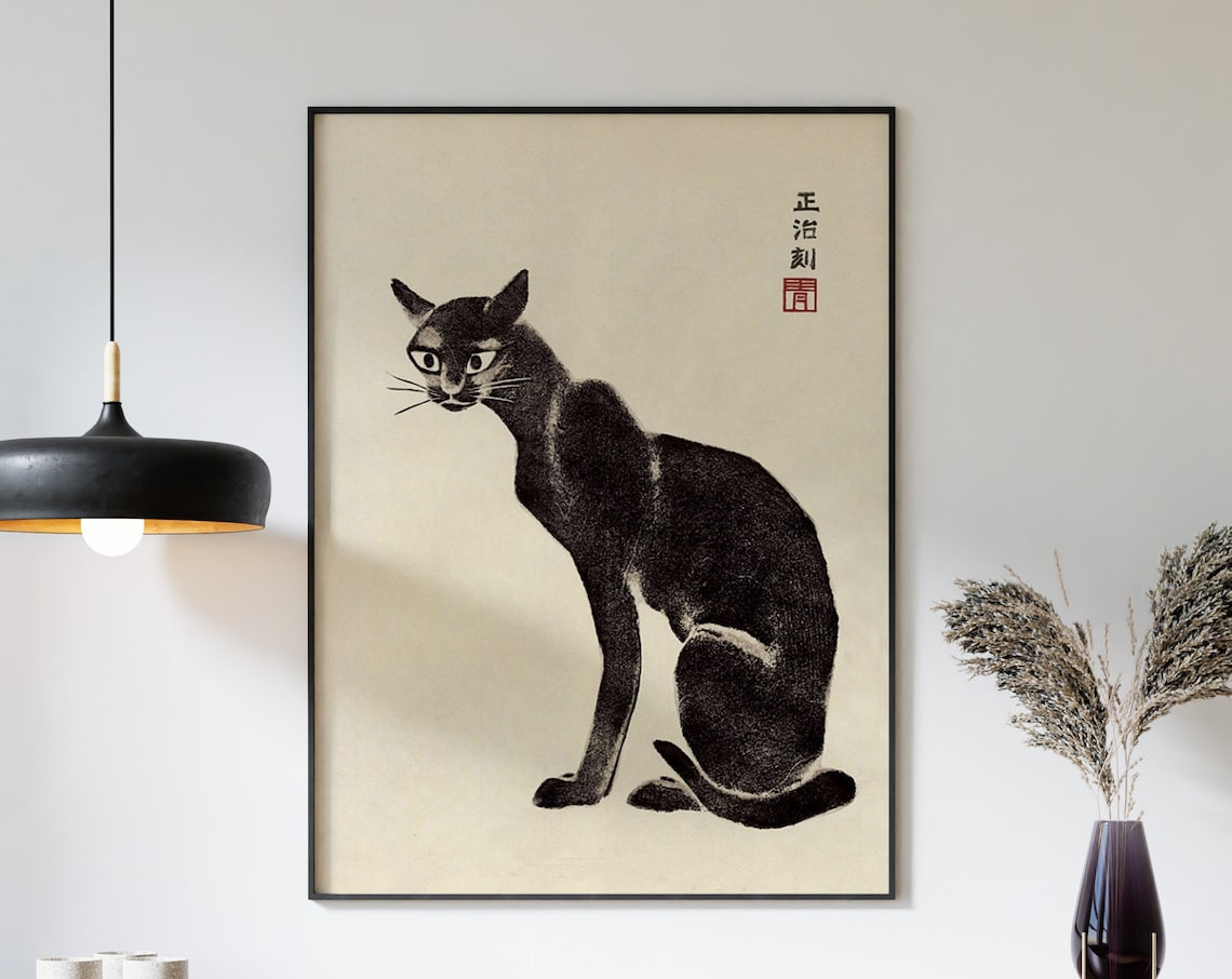 Japanese Cat Art Print, Oriental Cat Decor