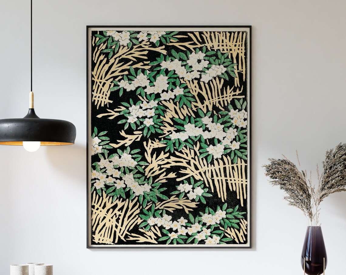 Japanese Woodblock Floral Art White Blossoms and Bamboo Poster