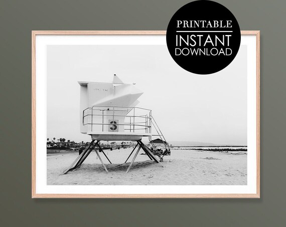 Lifeguard Tower Black and White Beach Photography Scenic Art Print