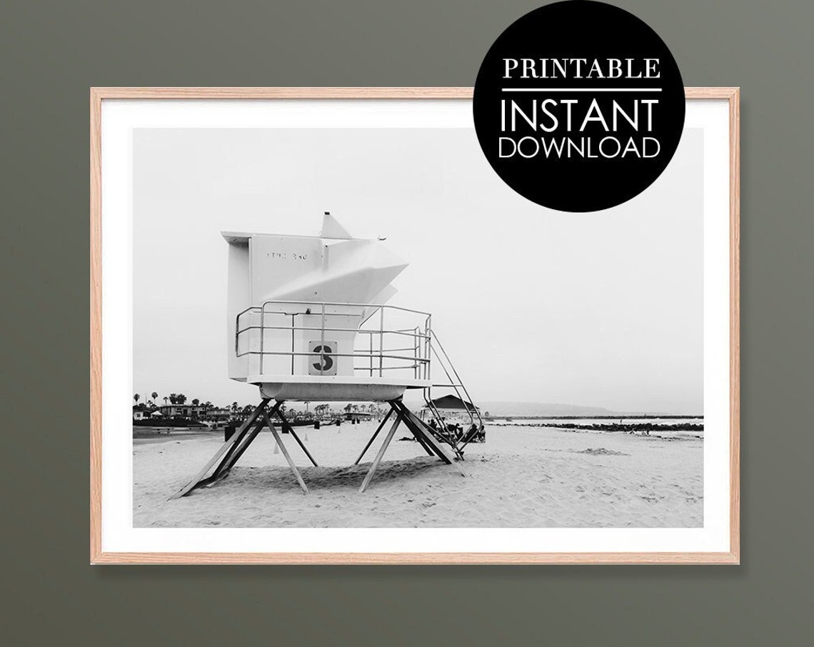 Lifeguard Tower Black and White Beach Photography Scenic Art Print