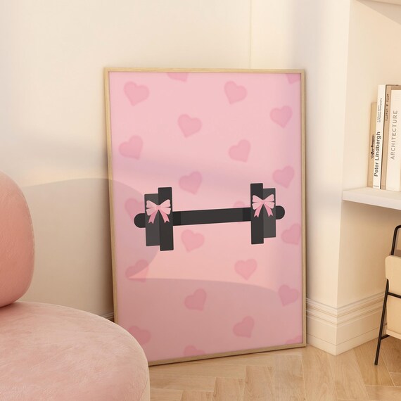 Pink Dumbbell Bows Heart Pattern Coquette Gym Girl Cute Fitness Poster