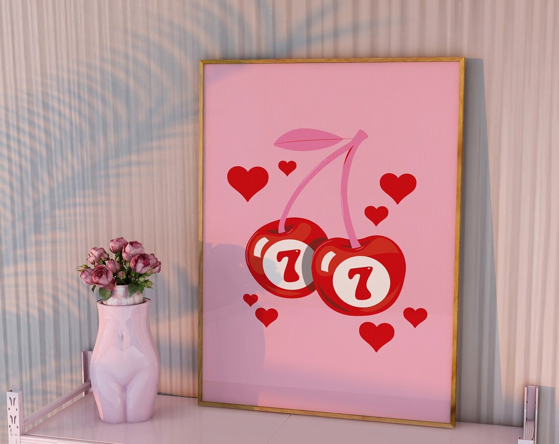 Pink And Red Cherry Print, Groovy Retro Poster - Image 2