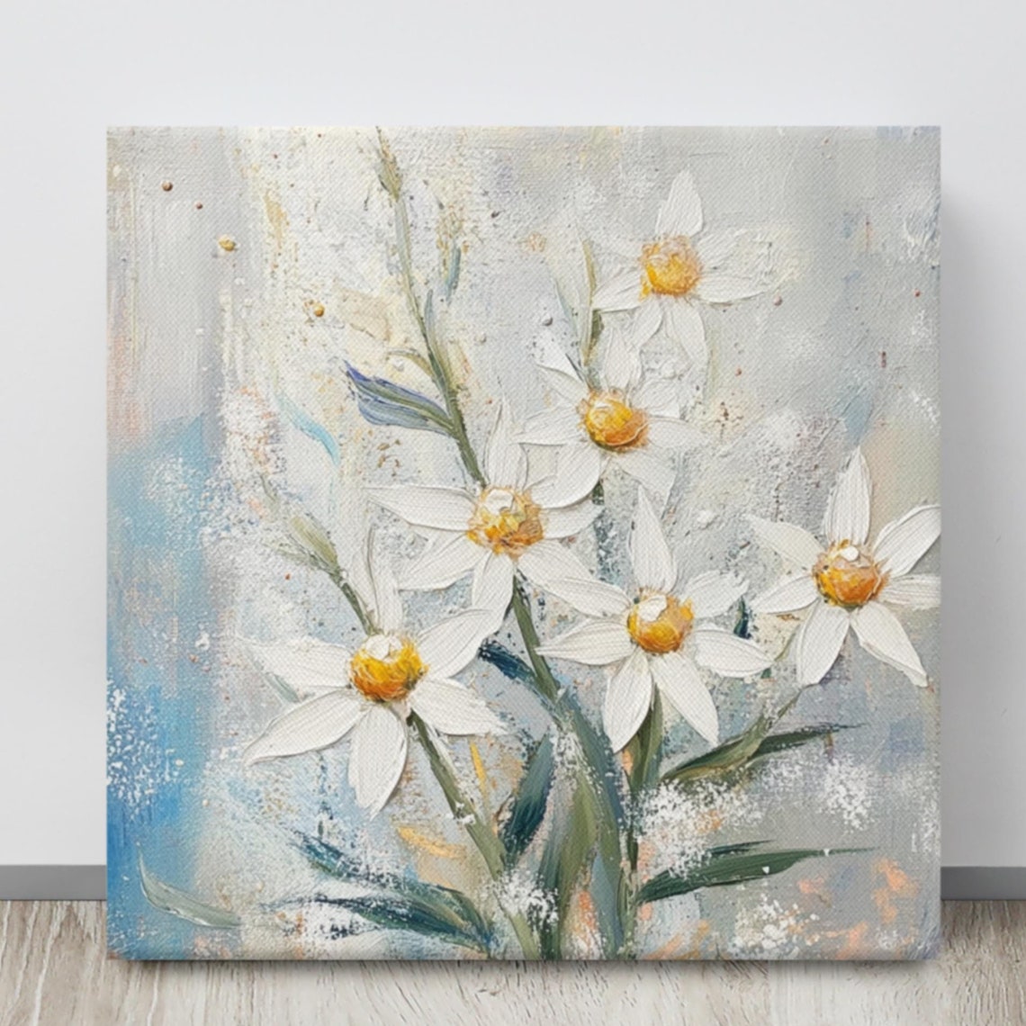 White Daisies Yellow Centers Soft Blue Abstract Floral Poster