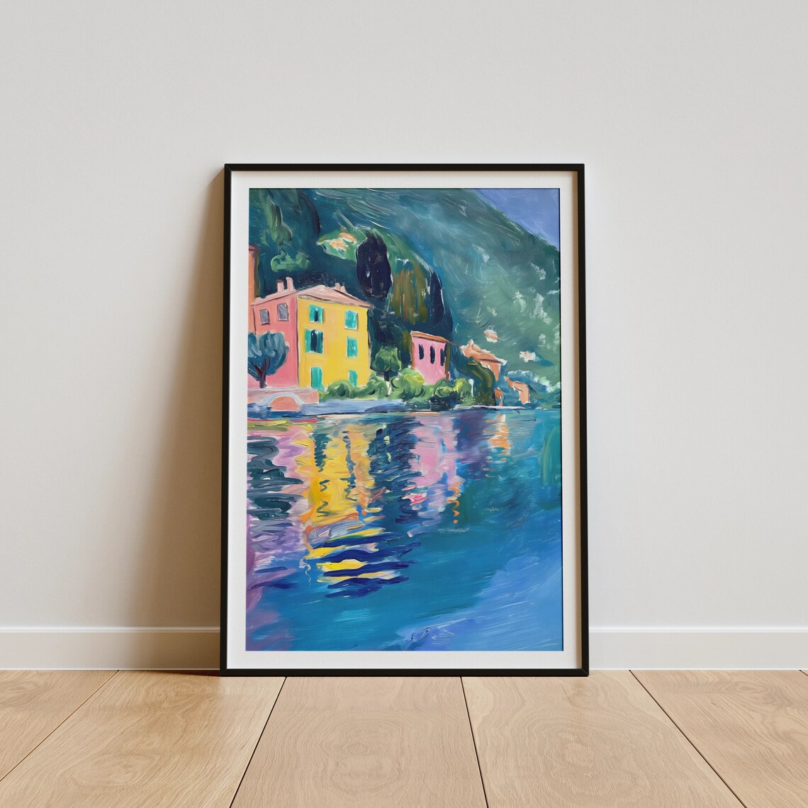 Colorful Lakeside Houses Reflection Fauvist Village Water Poster - Image 5