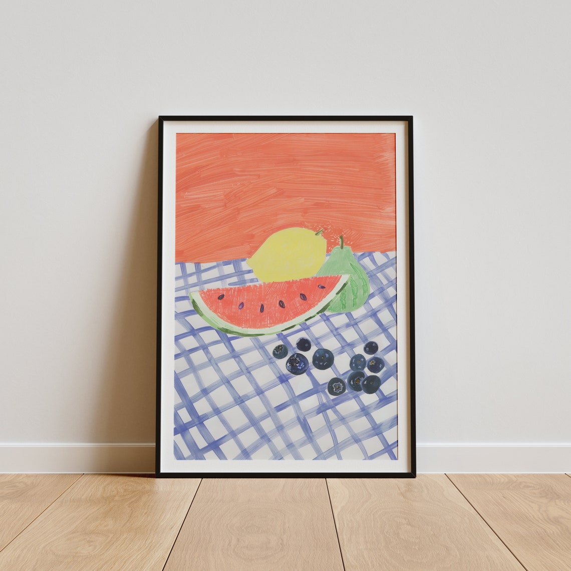 Watermelon Lemon Blueberry Still Life Checkered Cloth Art Poster - Image 3