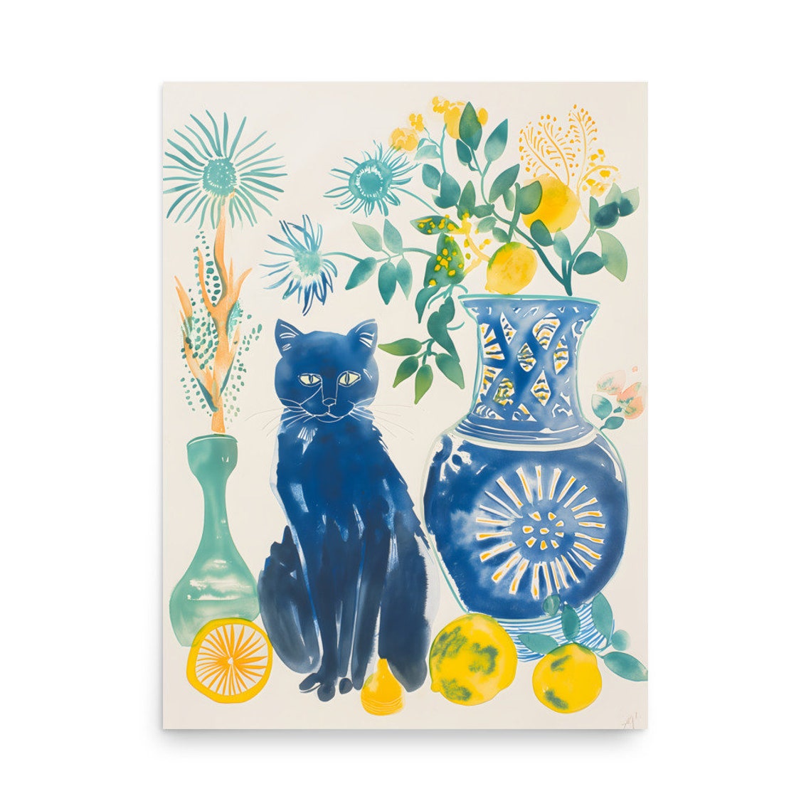 Henri Matisse Style Blue Cat Vases Lemons Still Life Art Poster - Image 2