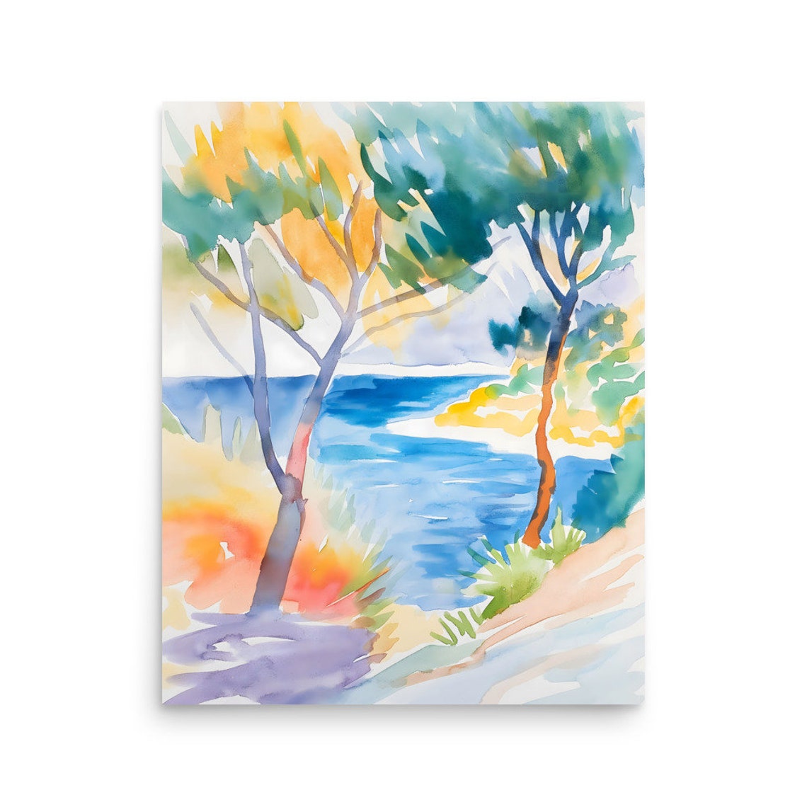 Watercolor Trees Framing Blue Lake Cove Coastal Landscape Poster - Image 3