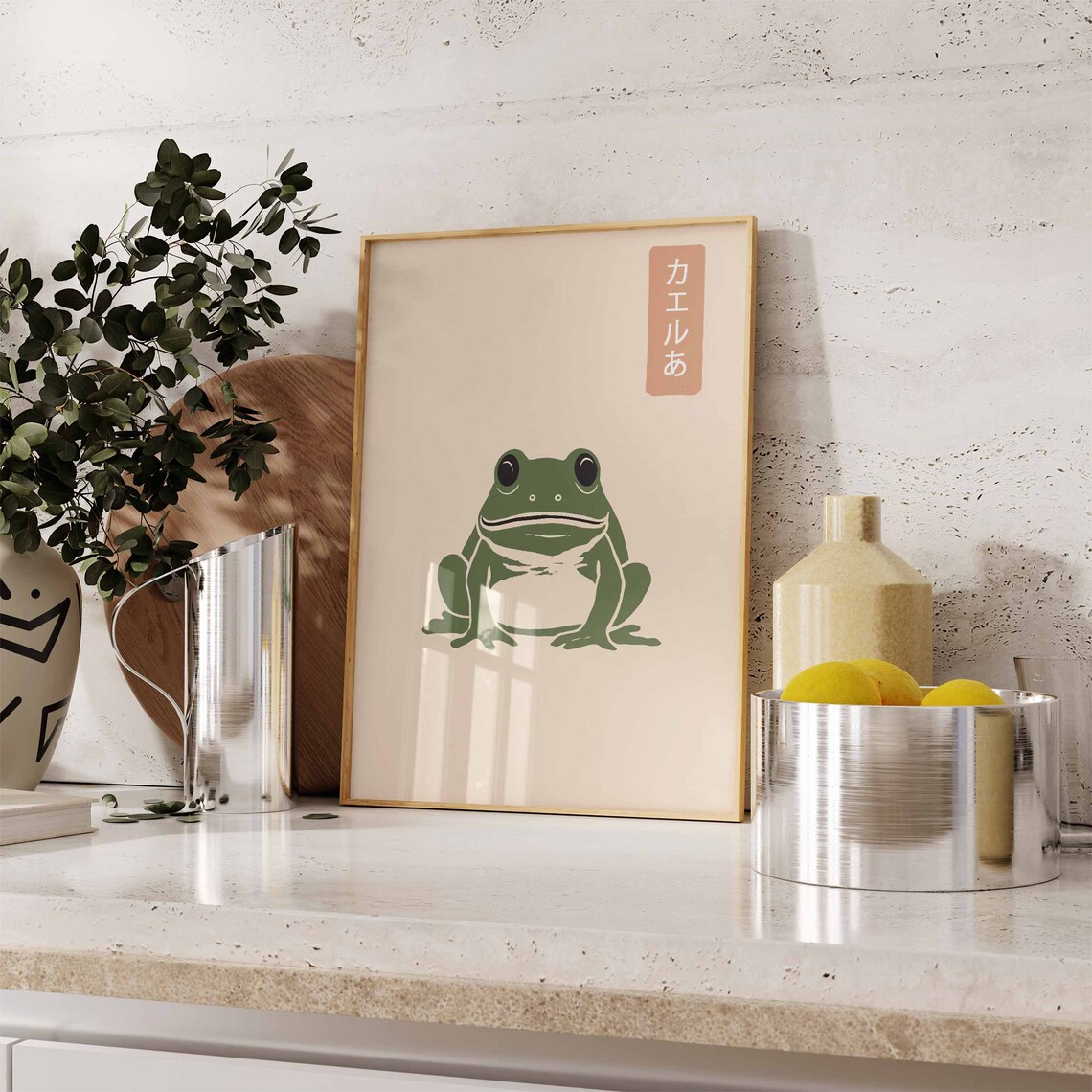 Japanese Frog Woodblock Green Frog Kaeru Katakana Stamp Poster - Image 3