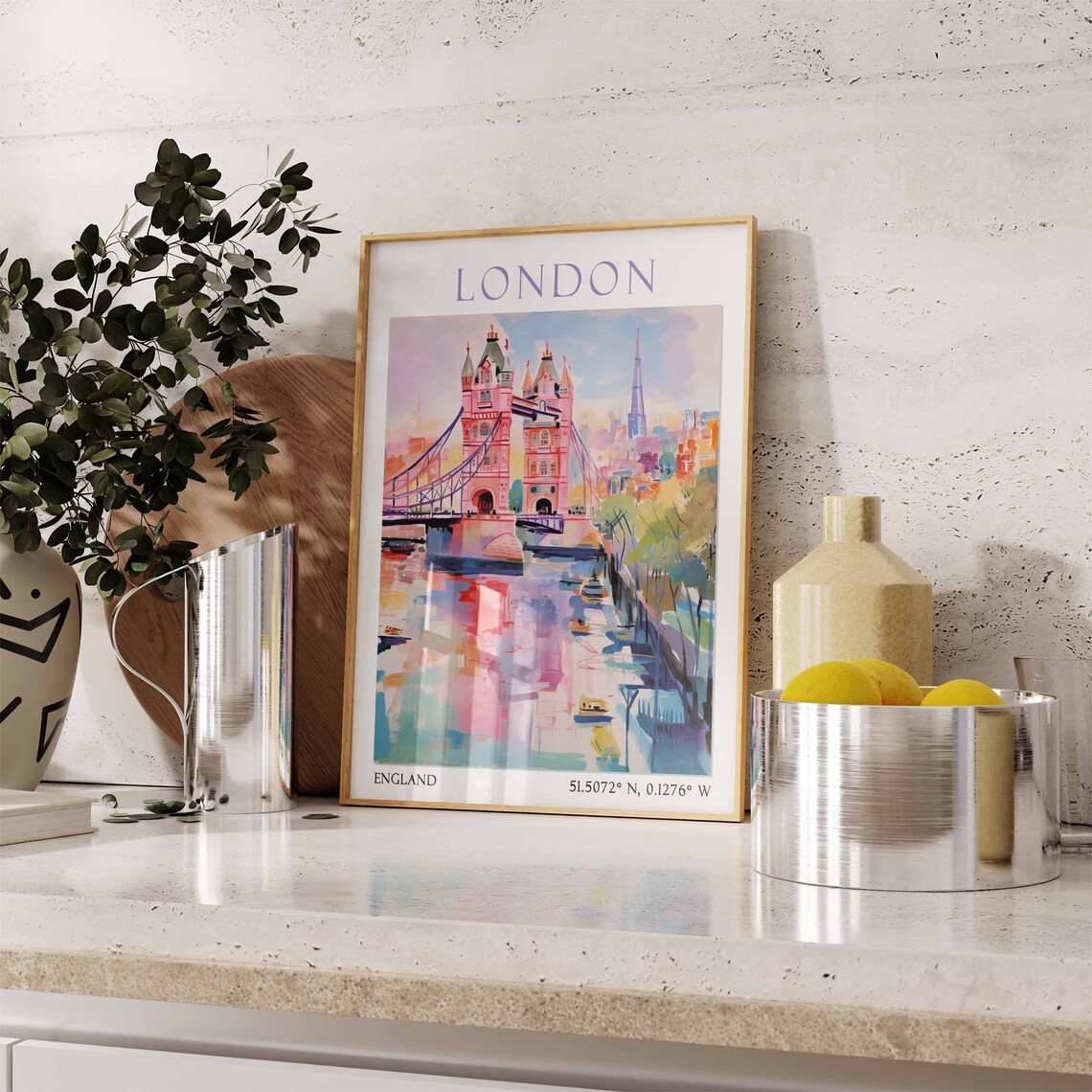 London Tower Bridge Pink Reflections Watercolor Travel Poster - Image 3