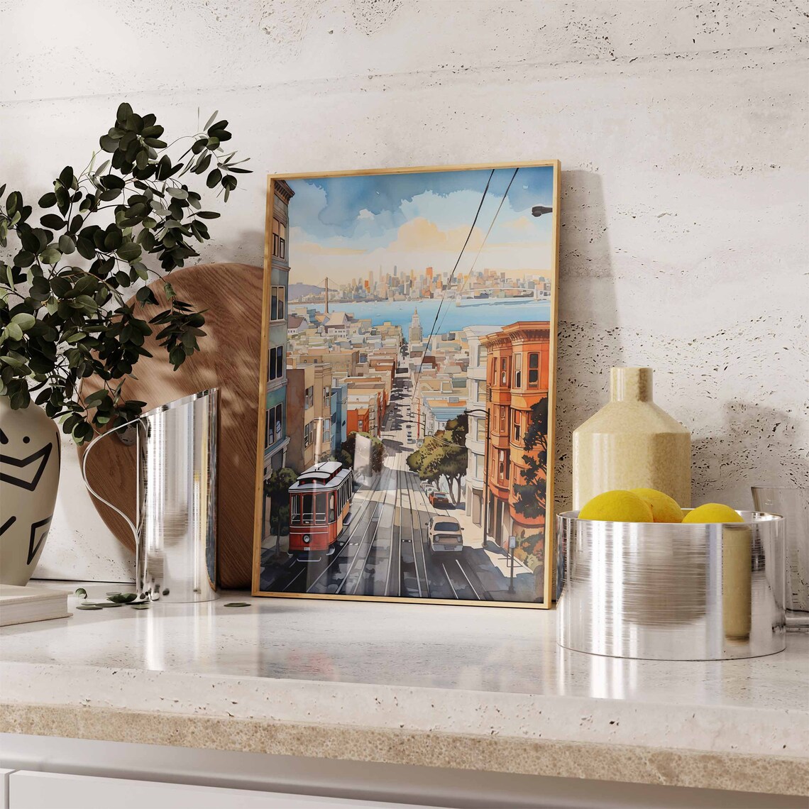 San Francisco Cable Car Street Scene Watercolor Travel Poster - Image 2