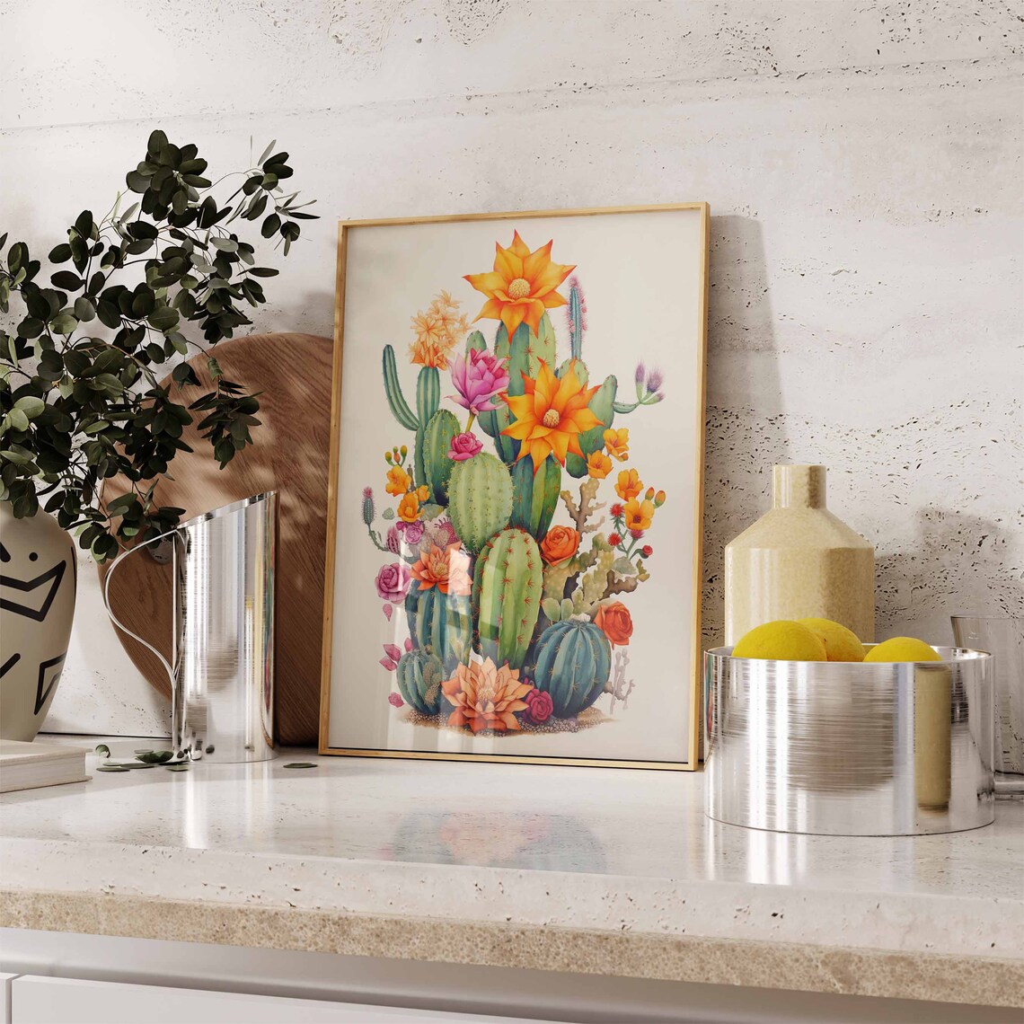 Watercolor Cactus Bouquet with Bright Orange and Pink Blooms Poster - Image 2