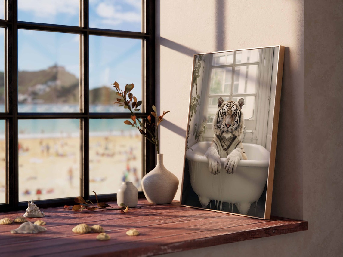 Relaxed White Tiger in a Bathtub Funny Bathroom Poster with Paws - Image 2