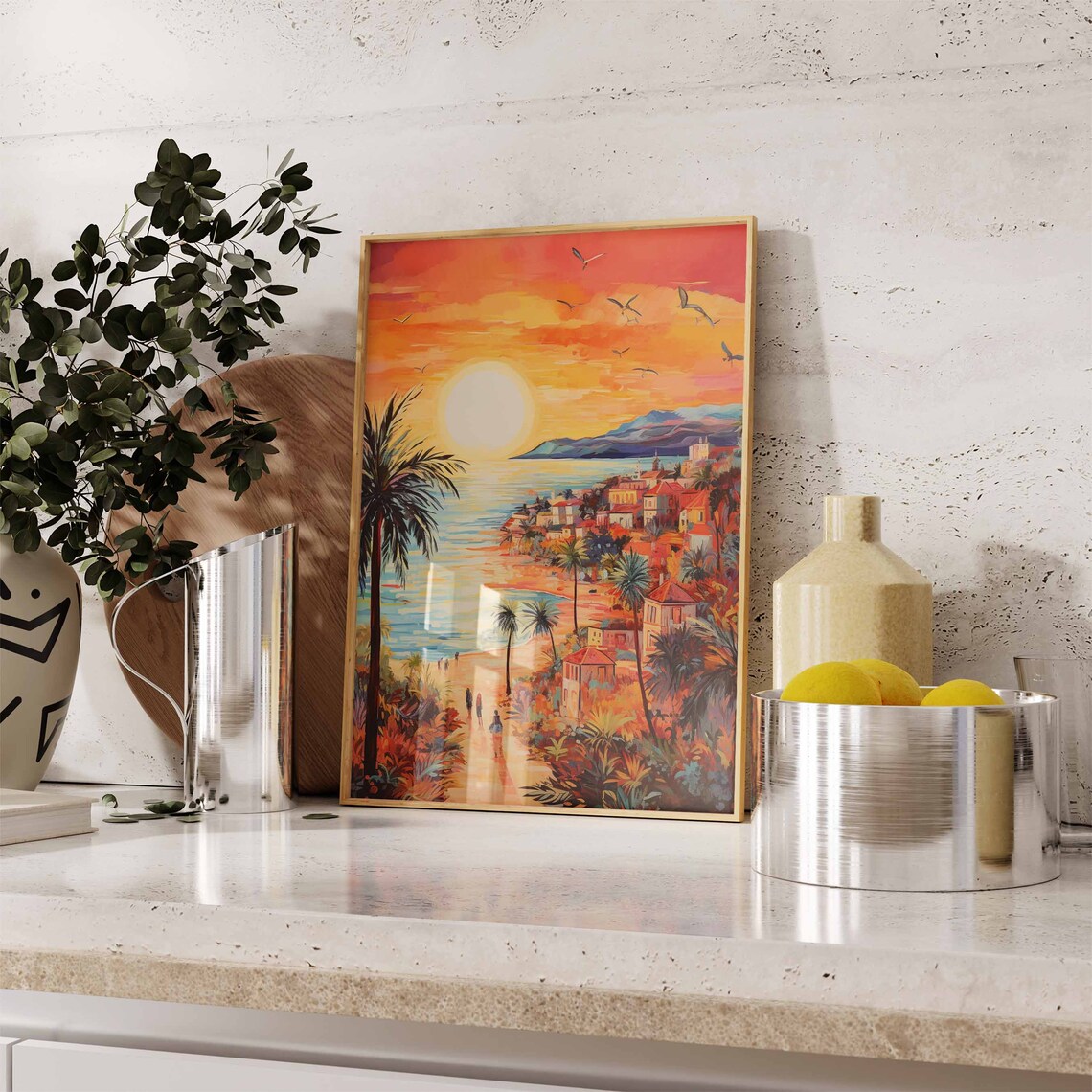 Coastal Town Sunset Beach Palm Trees Warm Sky Painting Poster - Image 2
