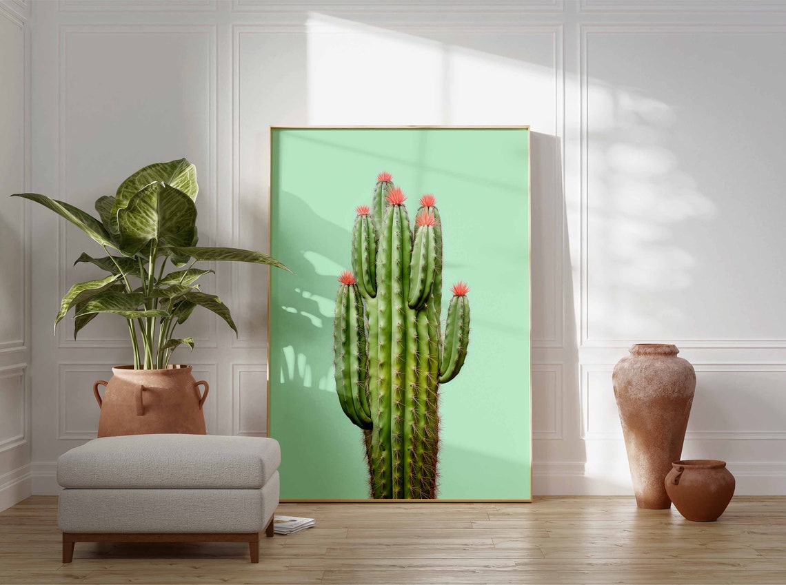 Columnar Cactus with Red Flower Tufts on a Mint Green Backdrop Poster - Image 3