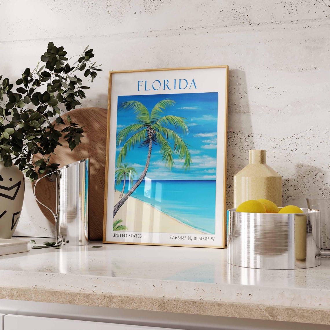 Florida Tropical Beach Leaning Palm Tree Ocean Travel Poster - Image 3