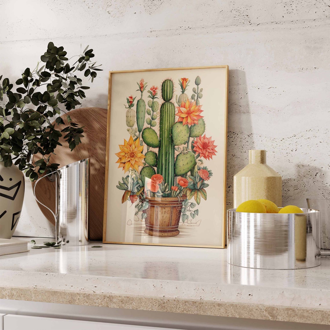 Tall Columnar Cactus in a Wooden Barrel Pot with Orange Blooms Poster - Image 2
