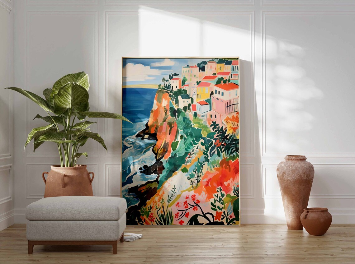 Colorful Cliffside Village Overlooking a Bright Blue Sea Poster - Image 3