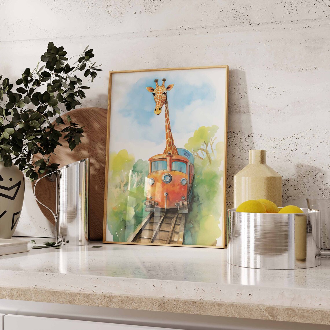 Watercolor Giraffe Riding a Cute Little Red Train Forest Poster - Image 3