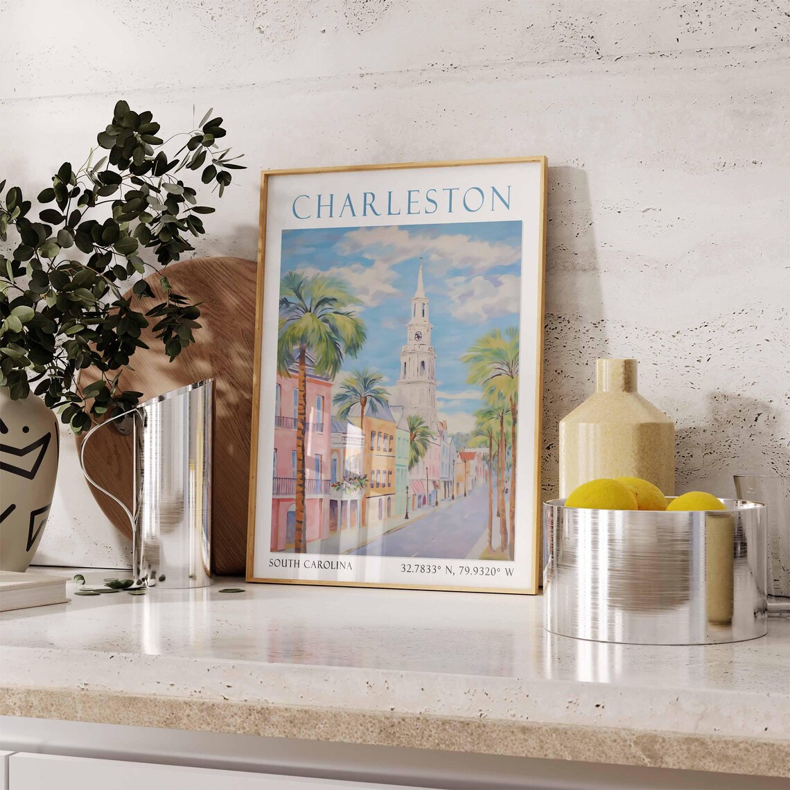 Charleston South Carolina Palm Street with Church Steeple Poster - Image 3