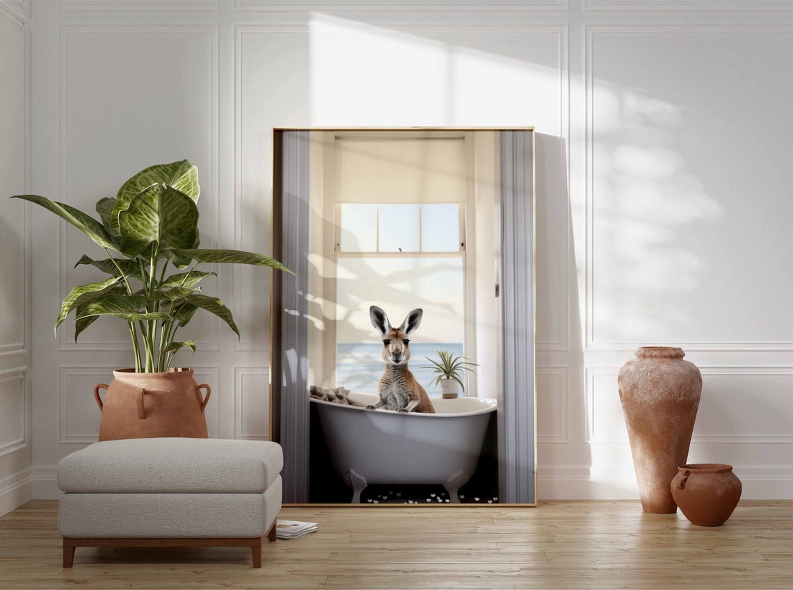 Kangaroo Sitting In A Bathtub By A Coastal Ocean Window Poster - Image 3
