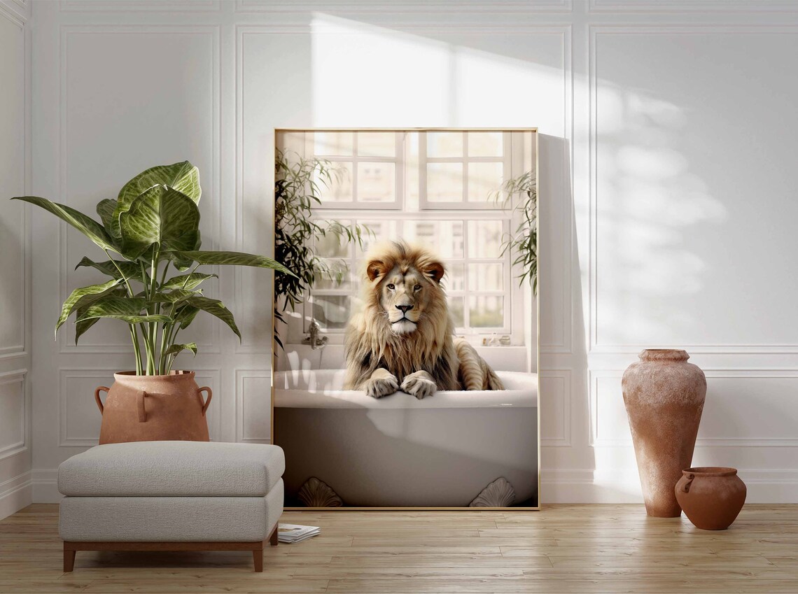 Majestic Male Lion With Lush Full Mane In A White Bathtub Poster - Image 3