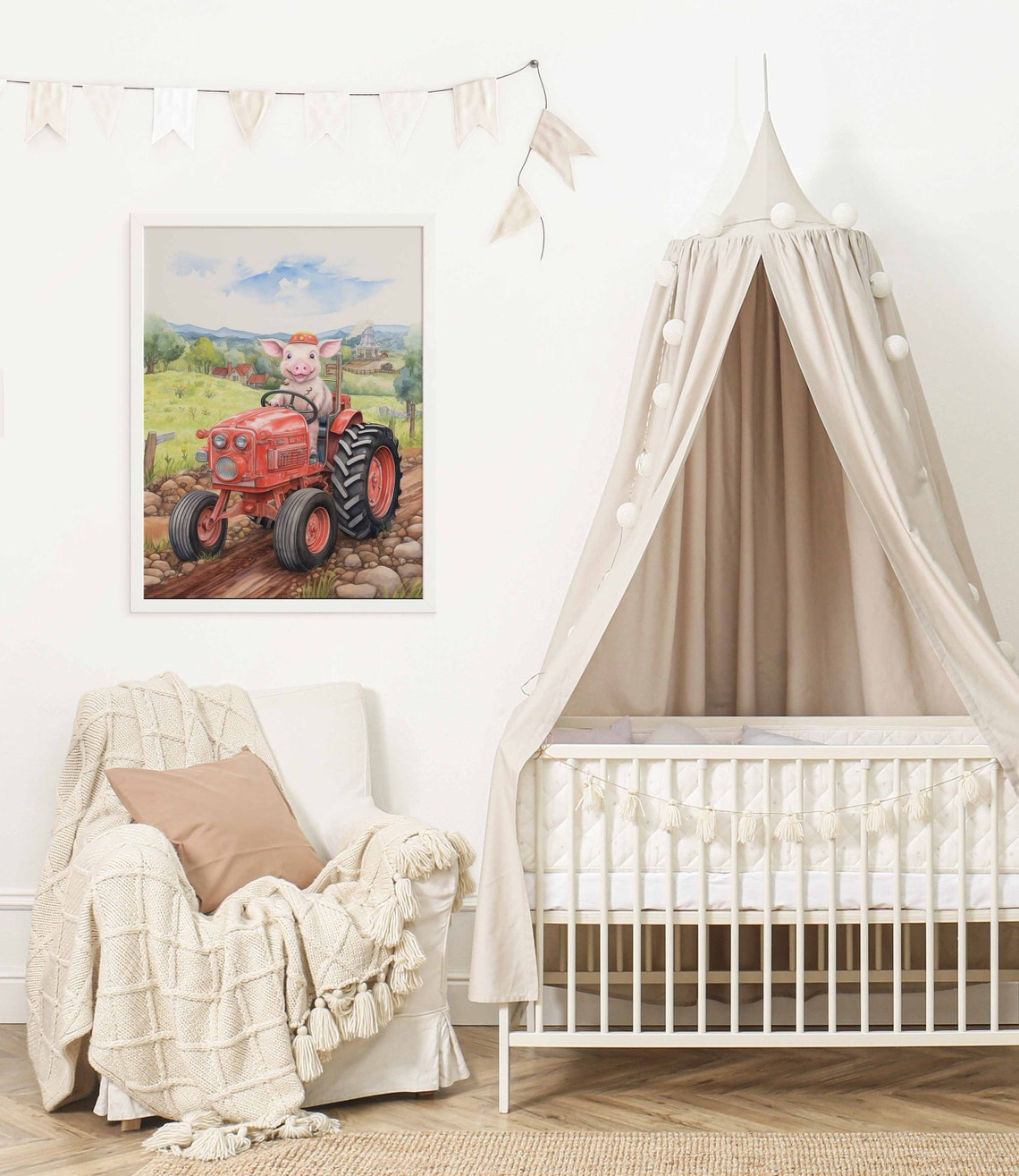 Cute Pig Driving a Red Tractor Poster for Kids Farm Nursery Room - Image 2
