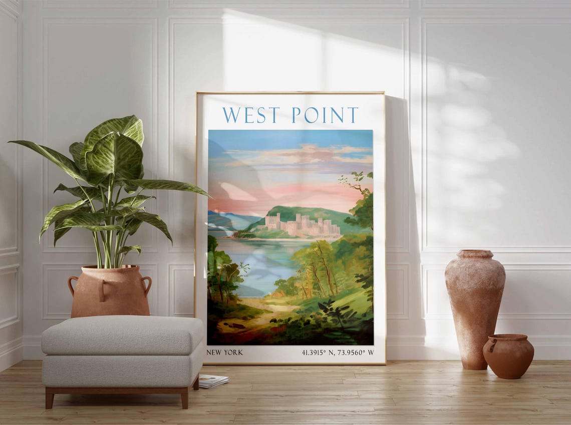 West Point Hudson River Academy Sunset Watercolor Travel Poster - Image 3