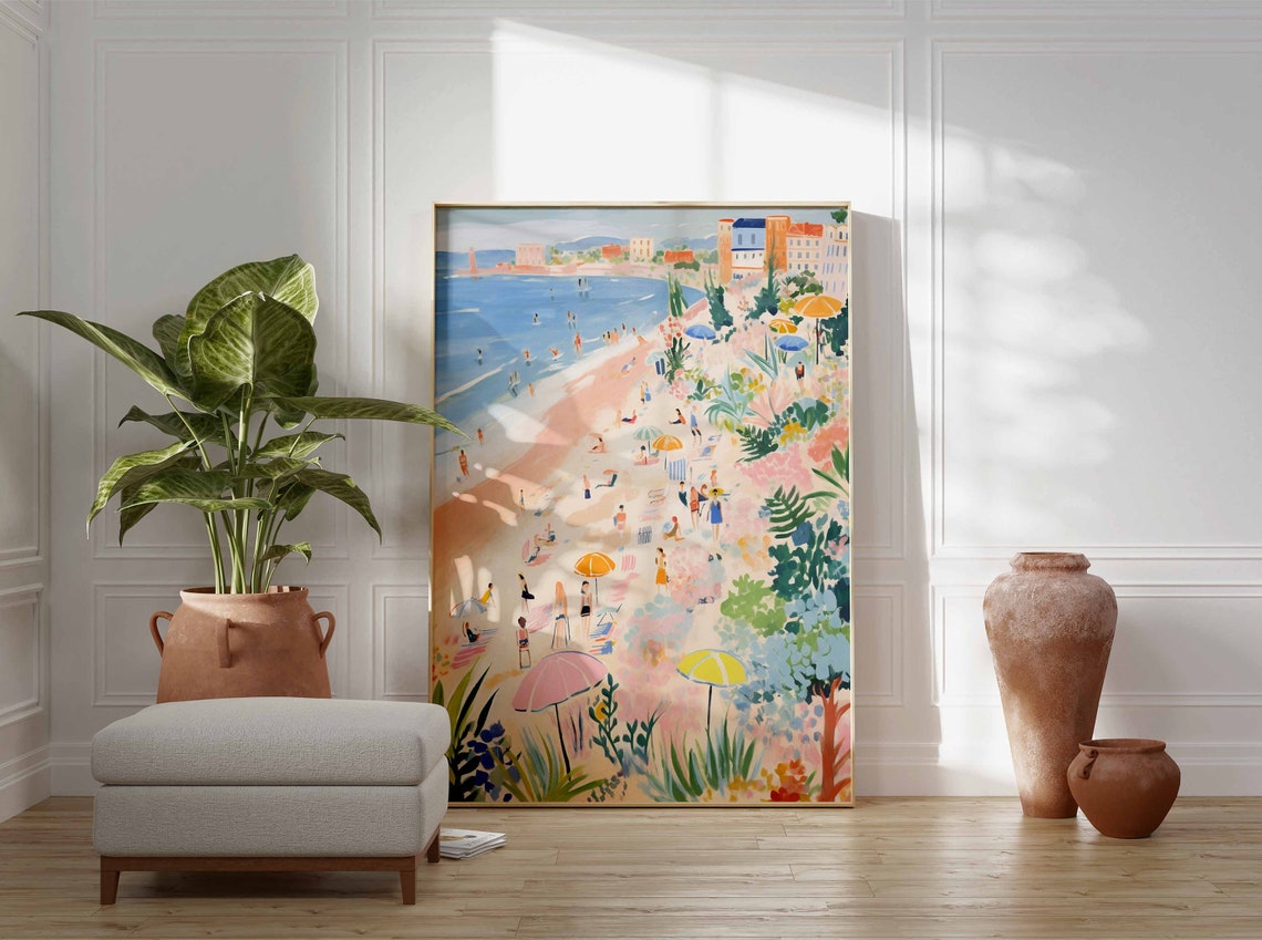Cliffside Beach View Pink Umbrellas Lighthouse Bay Day Poster - Image 3