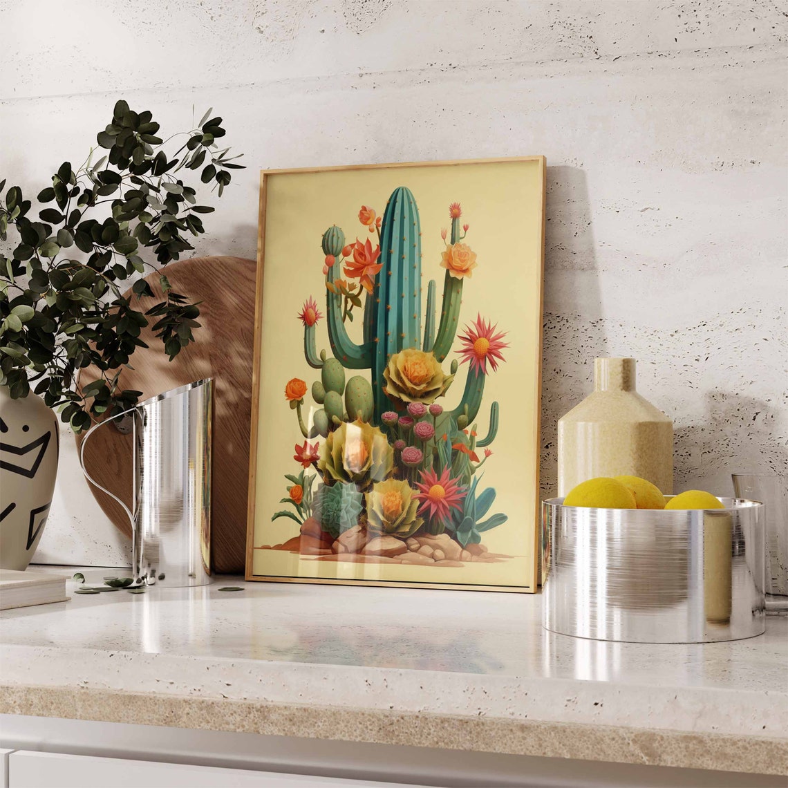 Flowering Saguaro Cactus with Succulents on a Bright Yellow Poster - Image 2